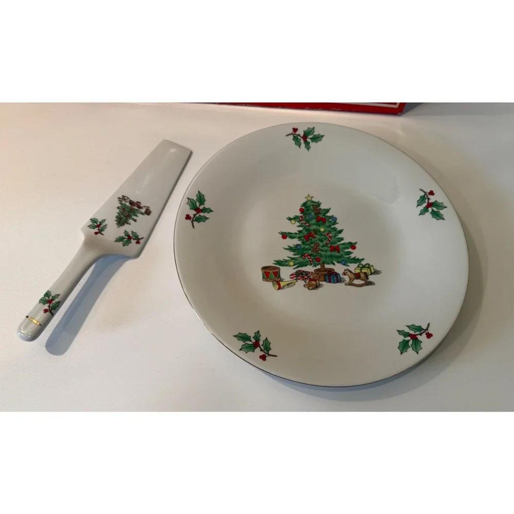 🎄 Holiday Hostess Christmas Tree 2 Piece Cake Plate Server Set Tianshan NOS Box